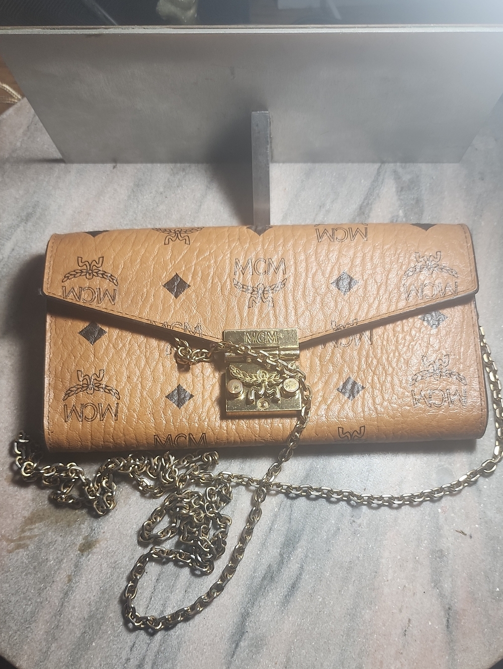 MCM Cognac Logo-Print Leather Chain Wallet with Gold Hardware